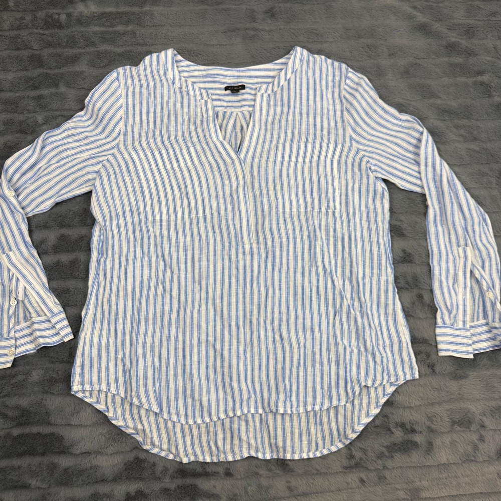 Ann Taylor Womens Blue White Striped 100% Linen Split Neck Blouse Top Large